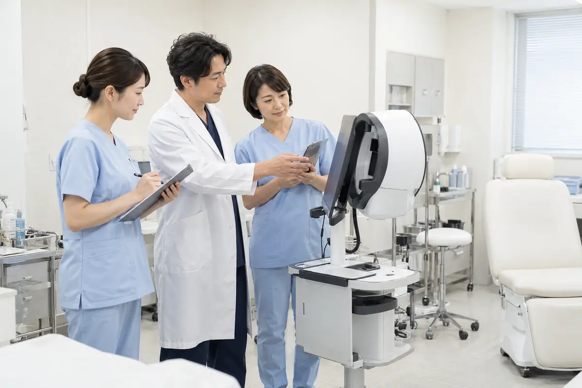 医師と看護師が指導者から機器操作を学ぶ実技研修の様子